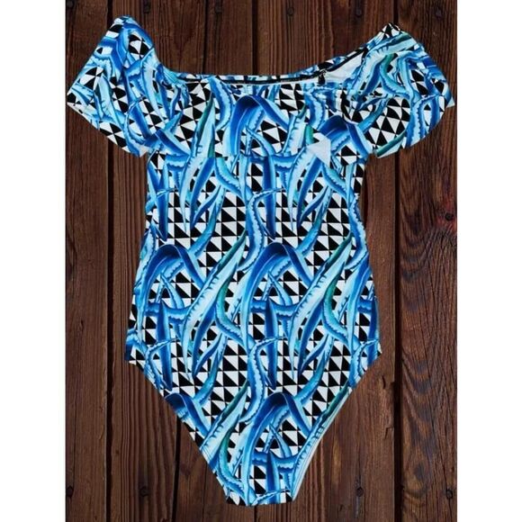 Unbranded Women’s Medium Blue White Geometric Print Off-Shoulder Ruffle Swimsuit - Picture 4 of 14